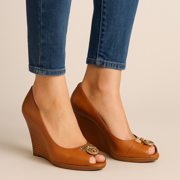 Michael Kors Shoes - Michael Kors Tan Leather Peep-Toe Wedge Heels Gold MK Logo Size 10M